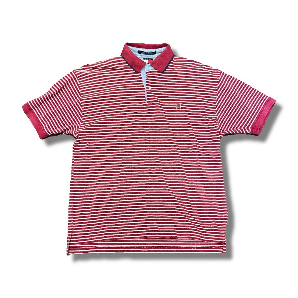 Tommy Hilfiger Polo Shirt Mens Size L Red White Striped Crest Logo Golf